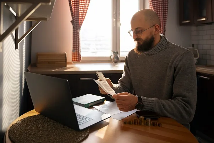 Man reviewing financial documents and receipts for tax filing in the UK.