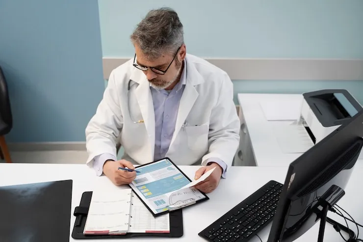Professional doctor in white coat reviewing financial documents and tax reports on tablet in modern UK medical office