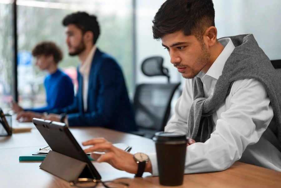 professionals working on financial tasks in an office