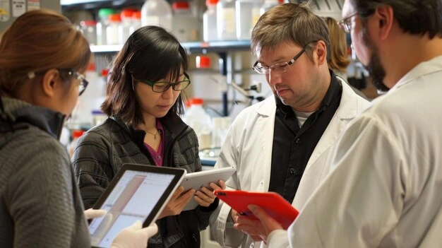 medical professionals discussing data on tablets in lab