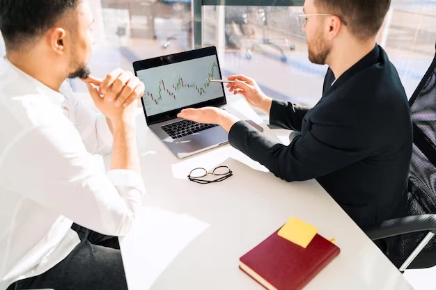 two professionals discussing financial data on laptop screen