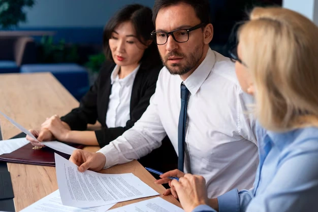 Professionals reviewing regulatory reports for business compliance.
