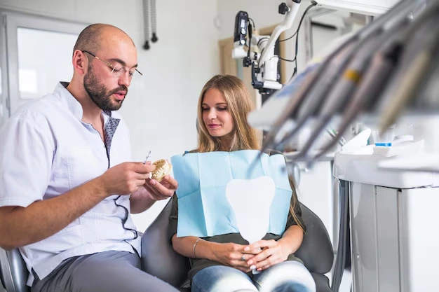 dentists showing dental model to patient