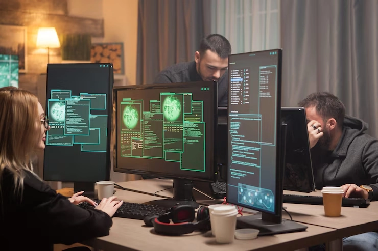 IMAGE ALT TEXT: Cybersecurity professionals conducting regulatory audit and penetration testing on multiple monitors for third-party vendor assessment